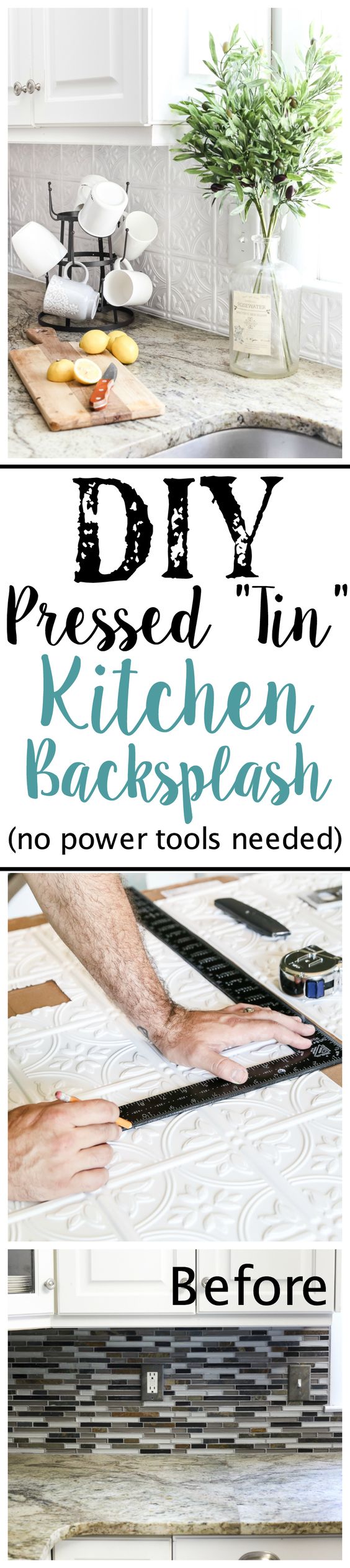 DIY Pressed Tin Kitchen Backsplash. 