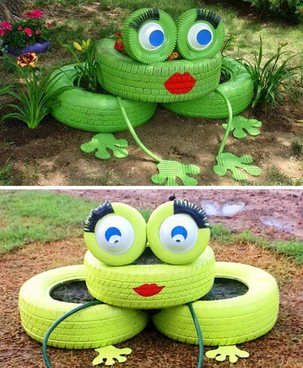 Frog With Flower Planter Tires. 
