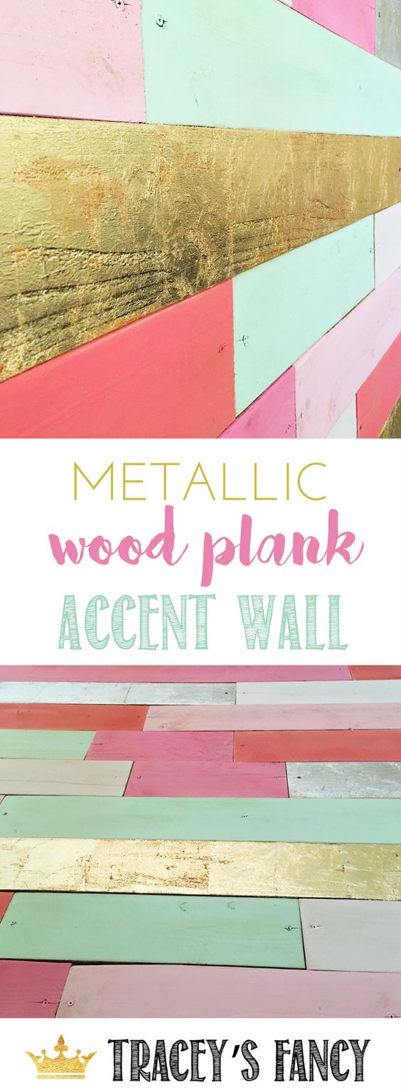Mint, Pink and Metallic Gold Plank Accent Wall. 