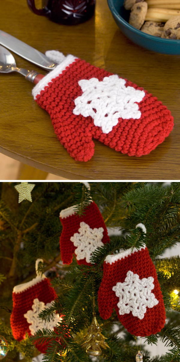 Crochet Snowflake Mitten Holiday Ornament Free Pattern. 