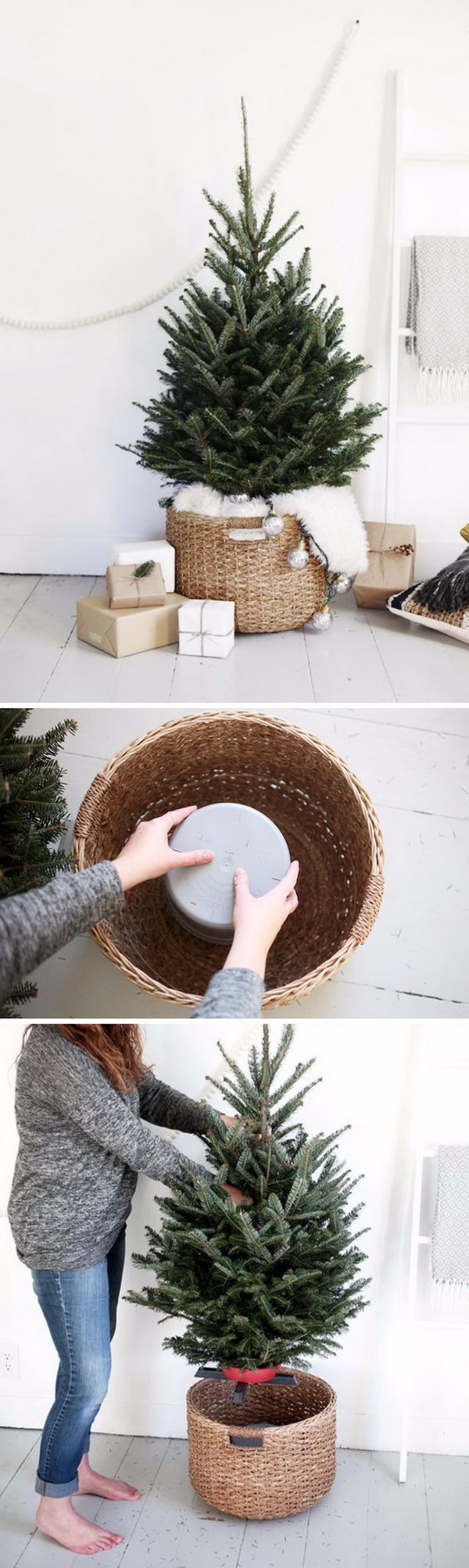 DIY Christmas Tree Stand Using Bucket Upside Down In A Large Basket. 