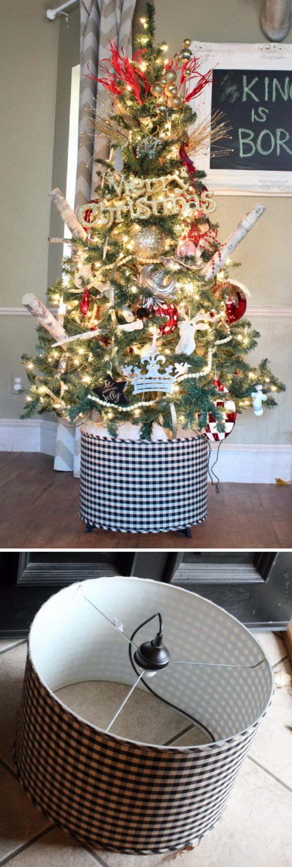 Black And White Gingham Drum Light Fixture Christmas Tree Stand. 