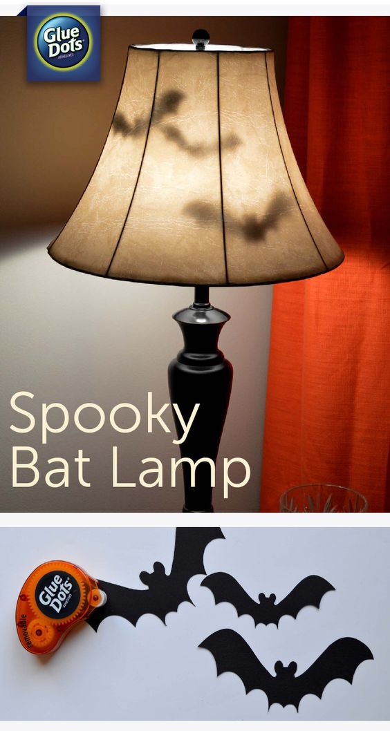DIY Bat Lamp With Paper Bats And Removable Gluedots. 