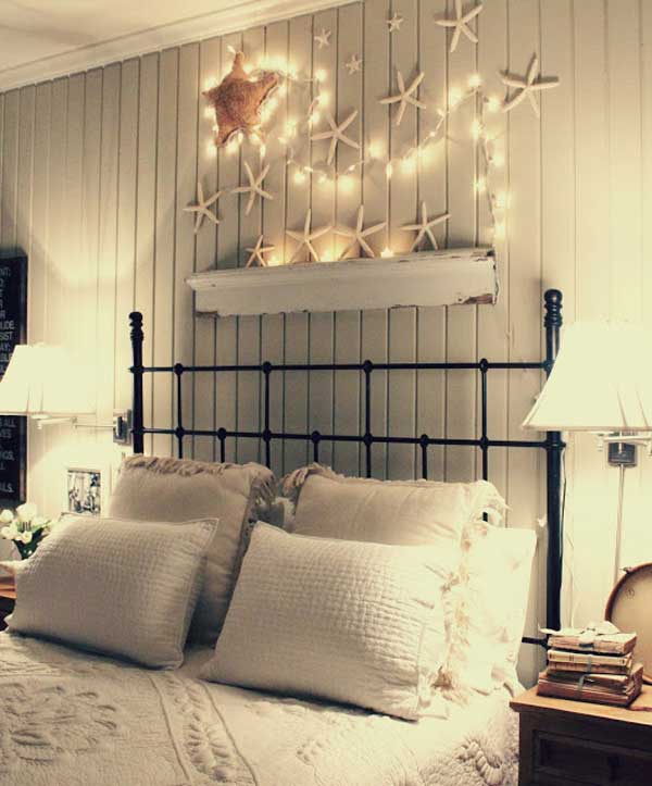 Beach Theme Over the Bed Decoration with Starfish and String Lights. 