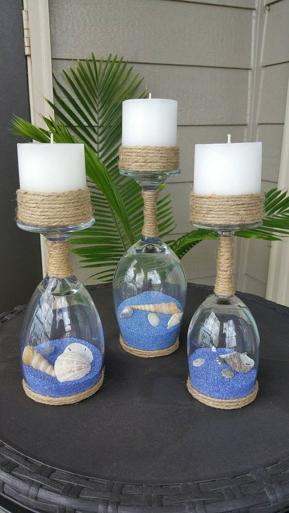 Seashell and Sand Wine Glass Candle Holders. 