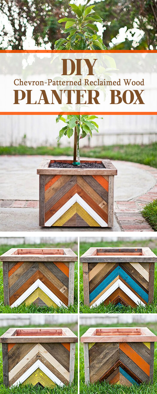 Chevron-Patterned Wooden Piecework Planter Box. 