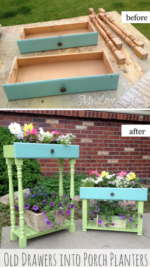 Porch Planters Made from Old Drawers. 