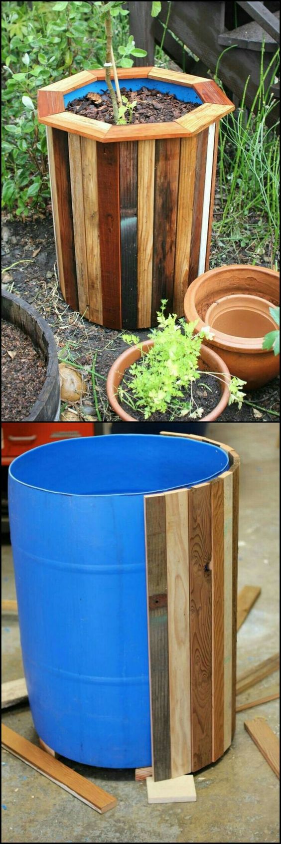 Stylish and Budget-Friendly DIY Planter Box Using Plastic Barrels Covered in Wood. 