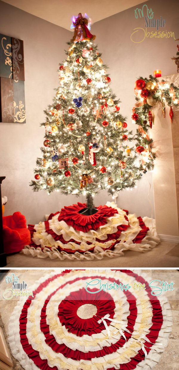 DIY Red And White Ruffled Christmas Tree Skirt. 