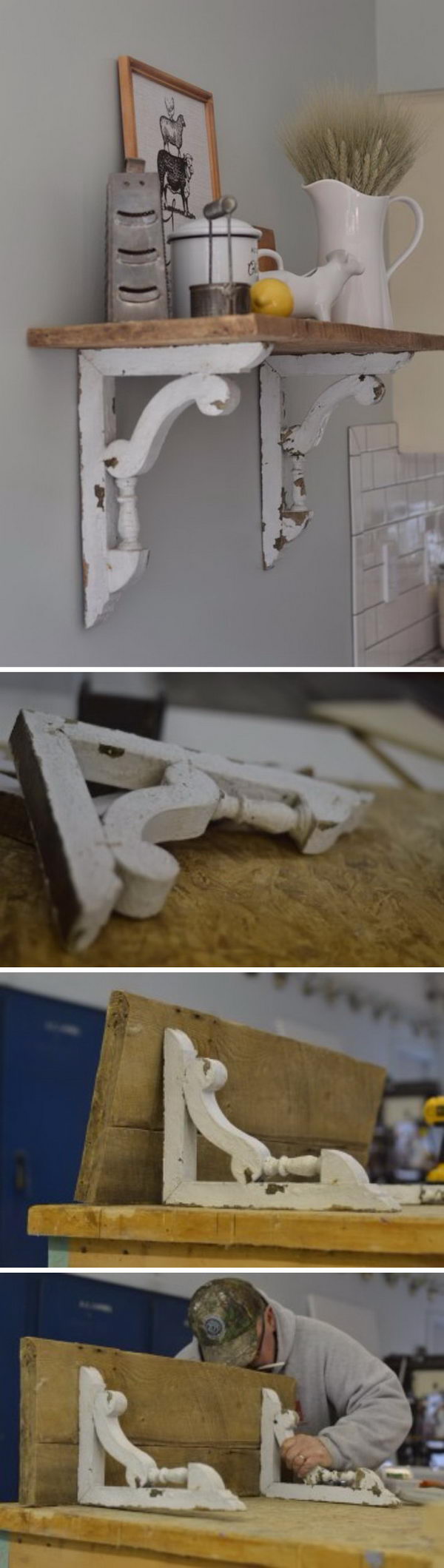 DIY Shelf Made From Old Barn-Wood And Beautiful Chippy White Corbels. 