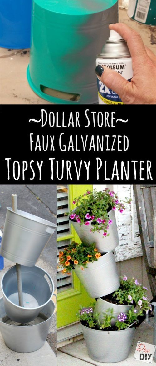 Faux Galvanized Flower Pot Using Dollar Store Plastic Buckets. 