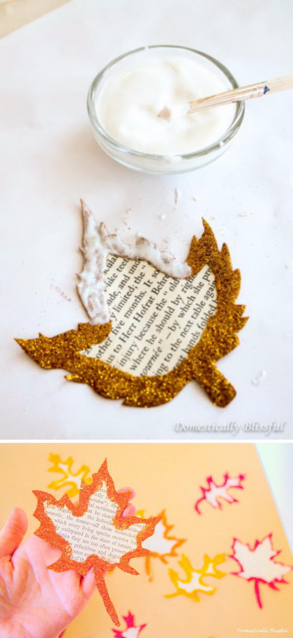 Glittery Book Page Fall Leaves. 