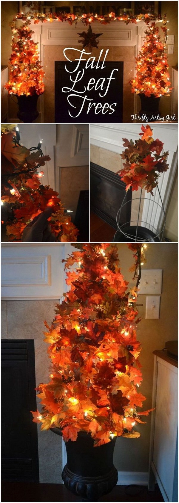 DIY Topiary Tree Using Fake Fall Leaves And Fairy Lights. 