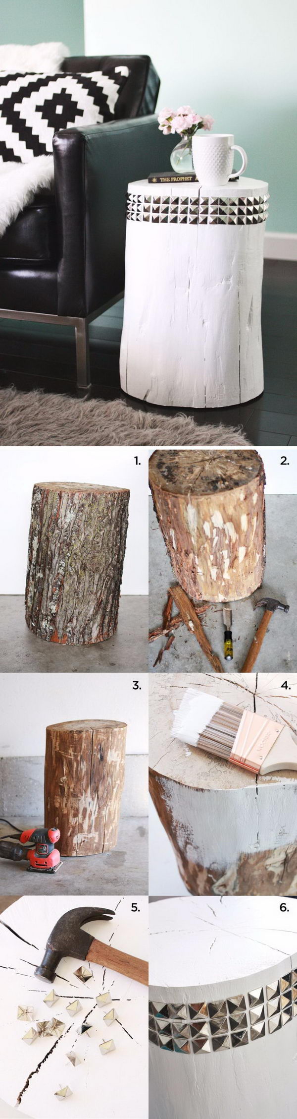 DIY Studded Tree Stump Side Table. 