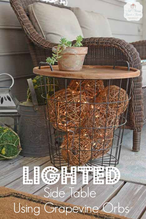 DIY Side Table With Lighted Grapevine Balls Inside. 