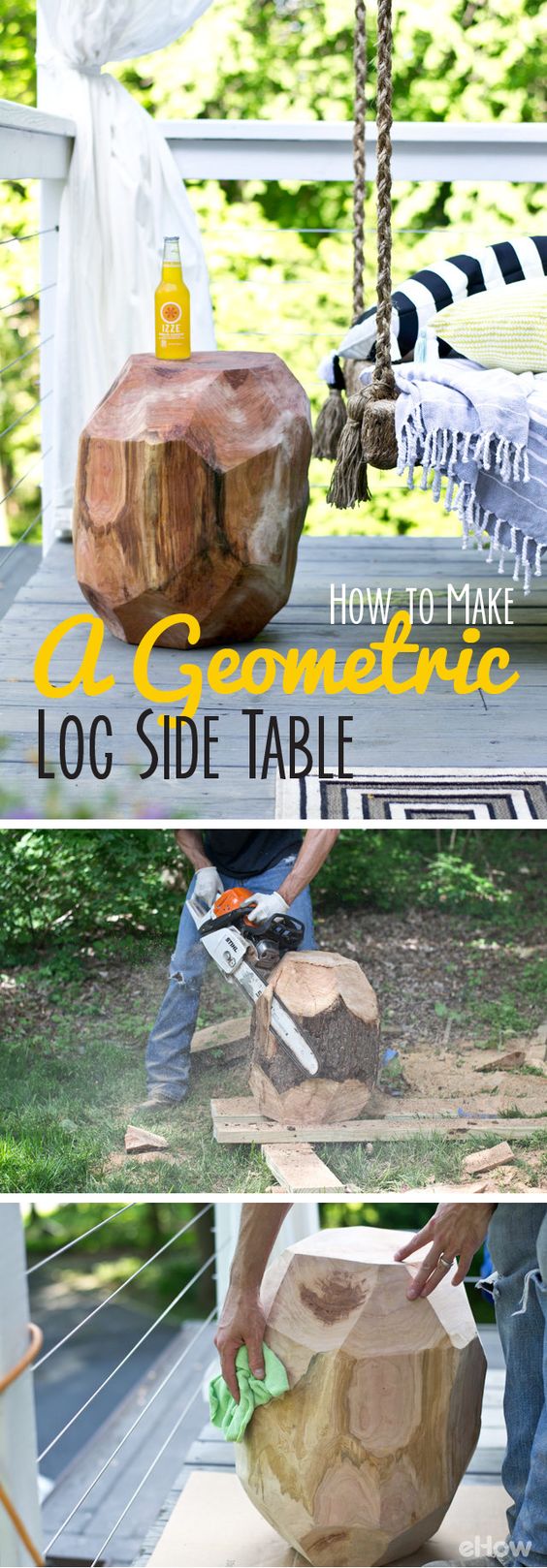 DIY Geometric Log Side Table. 