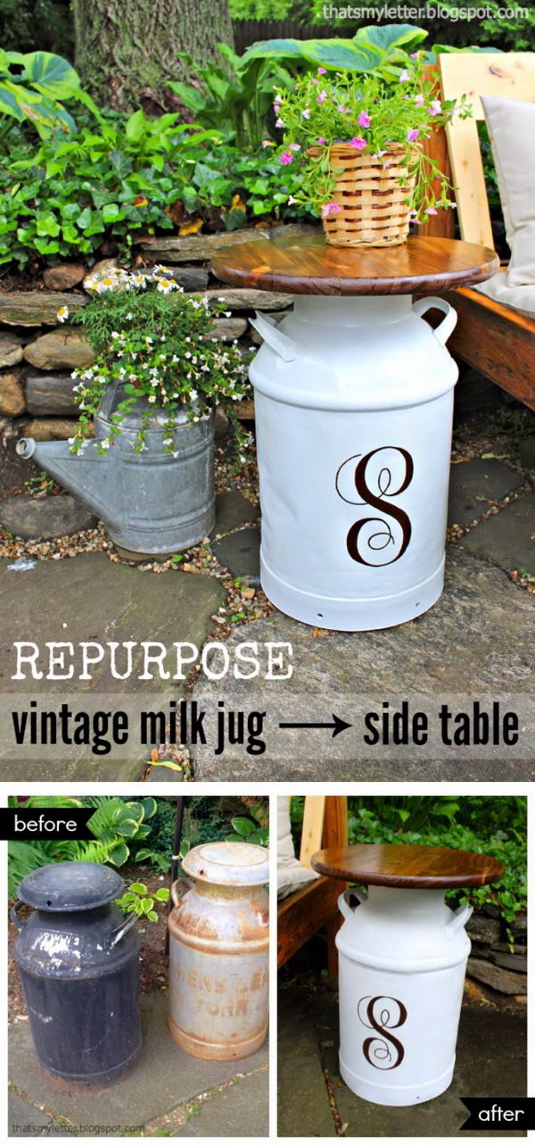 Repurposed Vintage Milk Jug Side Tables. 
