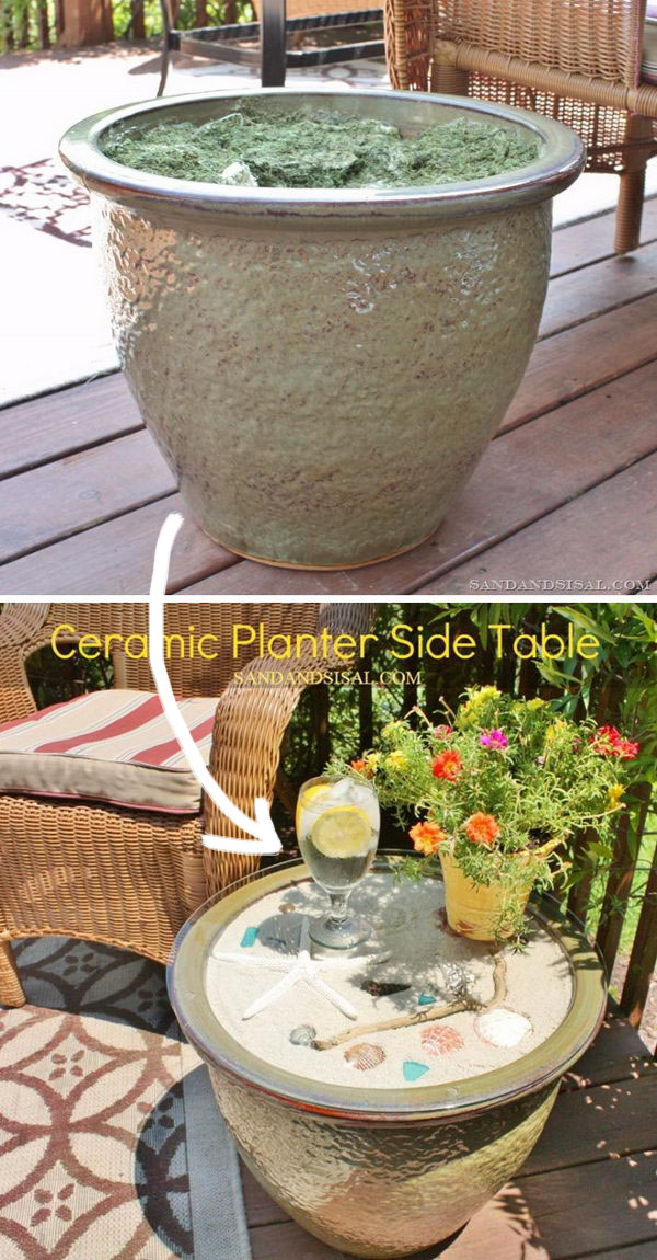 Ceramic Planter Side Table With Shells. 