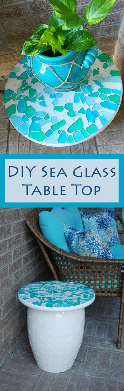 DIY Stool Side Table With A Sea Glass Table Top. 