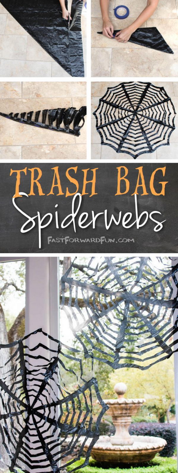 DIY Trash Bags Spiderwebs. 