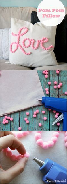 DIY Love Themed Pom Pom Pillow. 