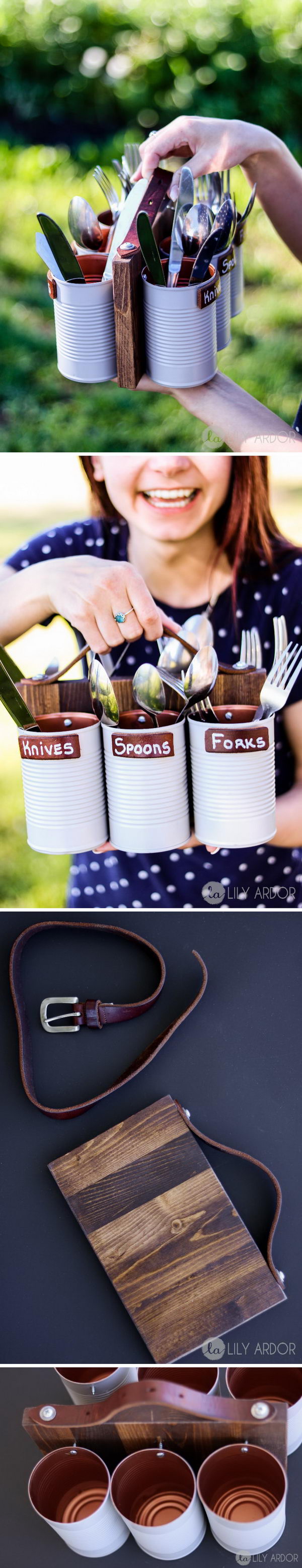 DIY Silverware Caddy Using Painted Cans. 
