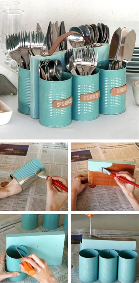 DIY Painted Cans Cutlery Holder. 