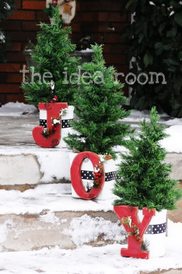 Attach Bright Red Joy Letters To Flower Pots For Holiday Outdoor. 