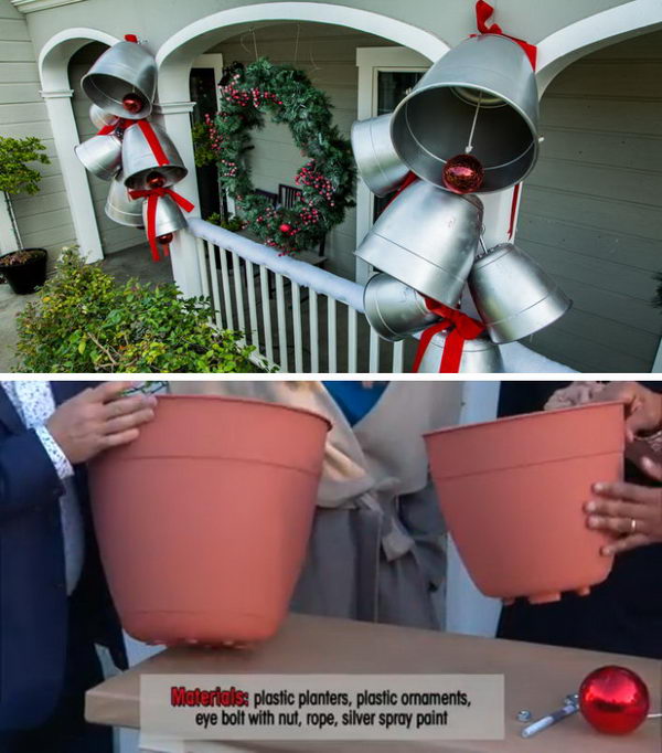 DIY Giant Holiday Bells With Plastic Planters and Large Plastic Ornaments. 