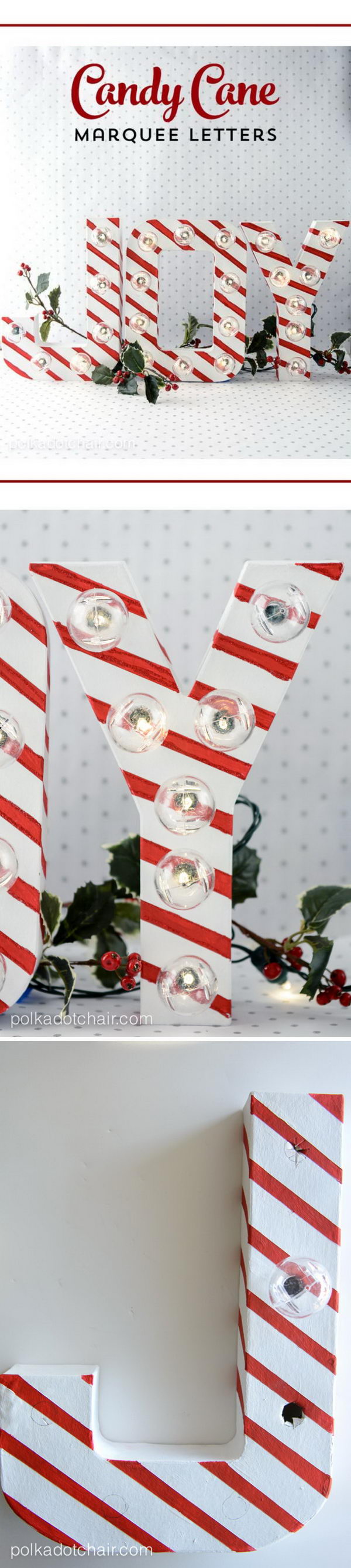 DIY Candy Cane Stripe Christmas Marquee Letters. 