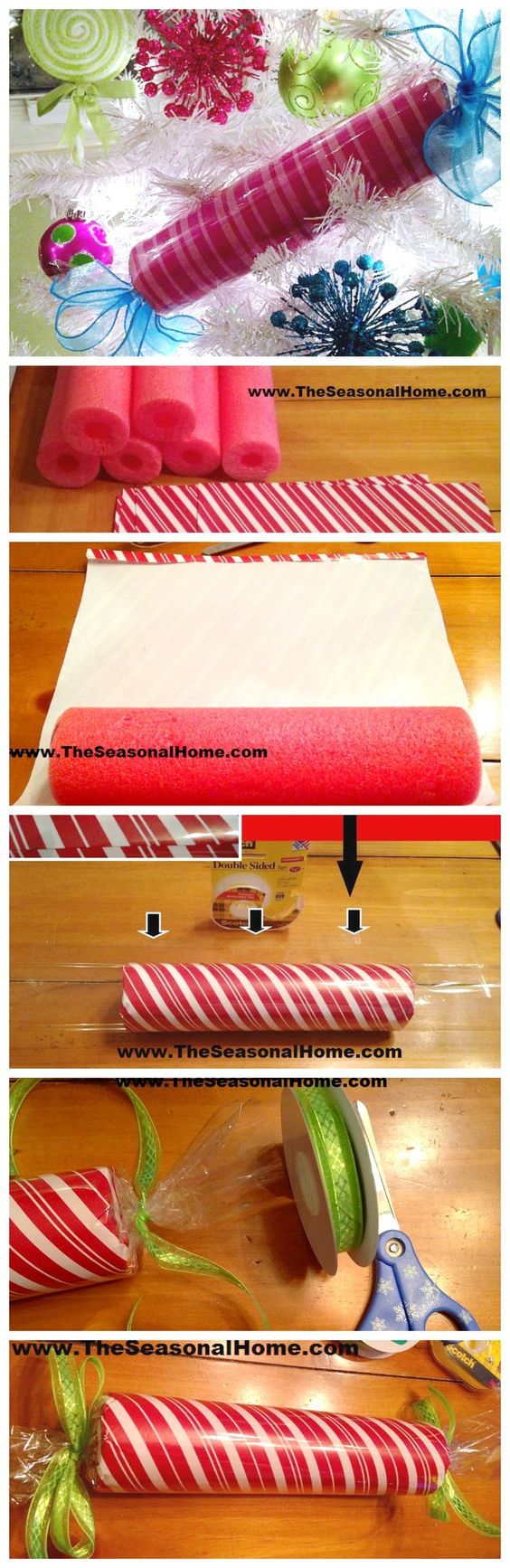 Make Large, Faux Christmas Candy Decorations Using Pool Noodles. 
