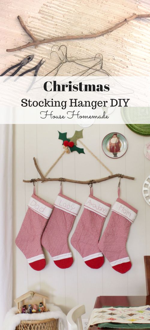 DIY Stocking Hanger From A Stick And Hangers. 