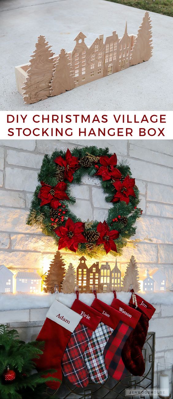 DIY Christmas Village Silhouette Stocking Hanger Box. 