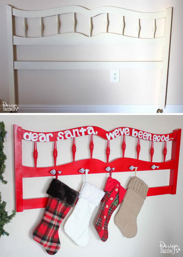 DIY Christmas Stocking Holder From Repurposed Headboard. 