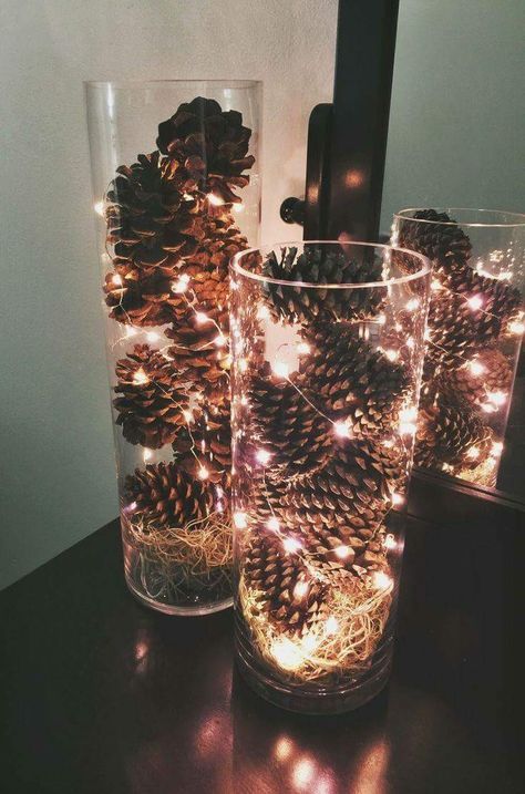 Light Up Pine Cone Filled Dollar Store Vases Centerpiece. 