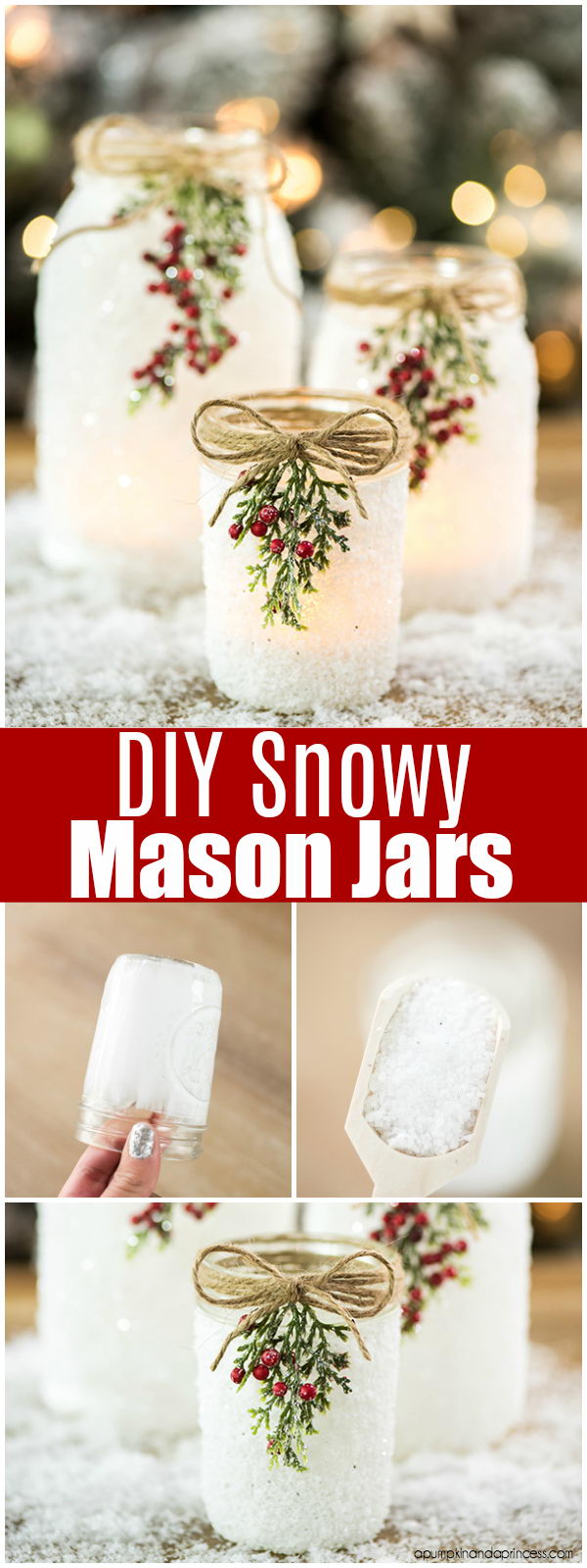 DIY Twine Decorated Snowy Mason Jars. 