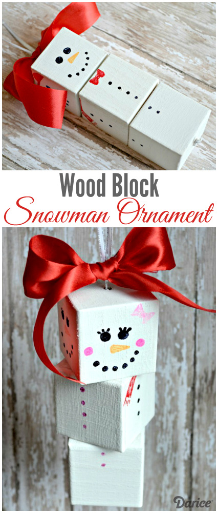 DIY Wood Block Snowman Ornament. 