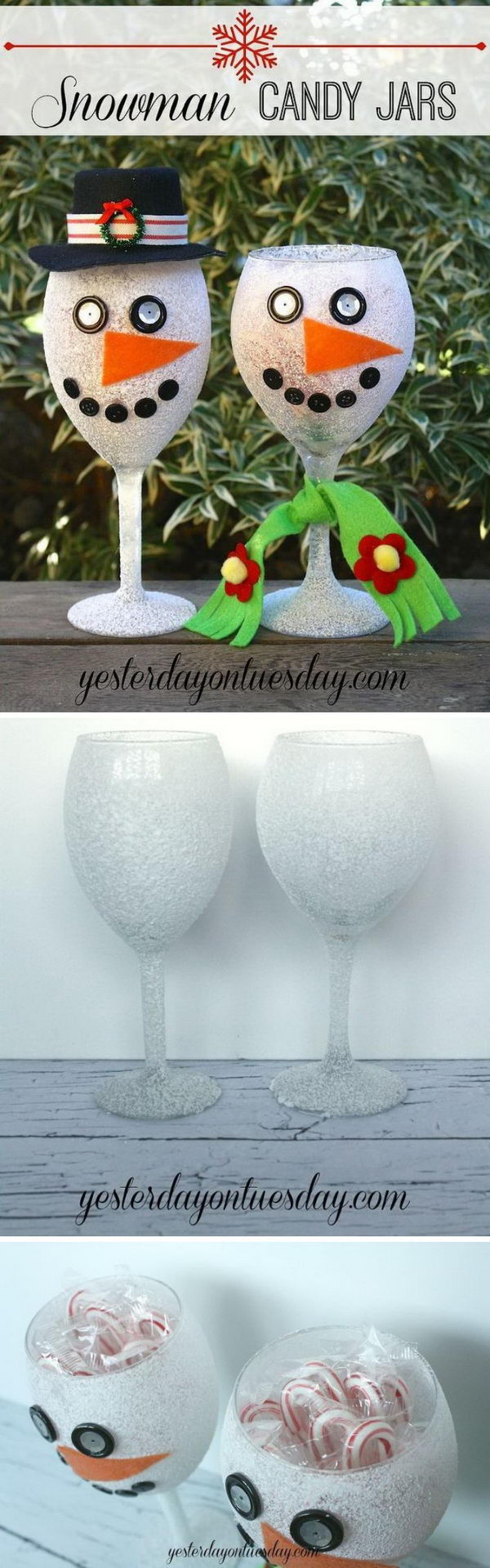 DIY Snowman Candy Jars Made With Wine Glasses. 