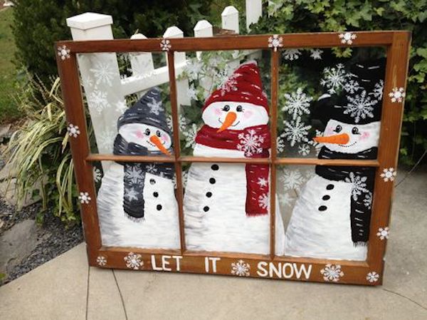 Lovely Snowman Family Decoration Just Behind The Glass Gate. 