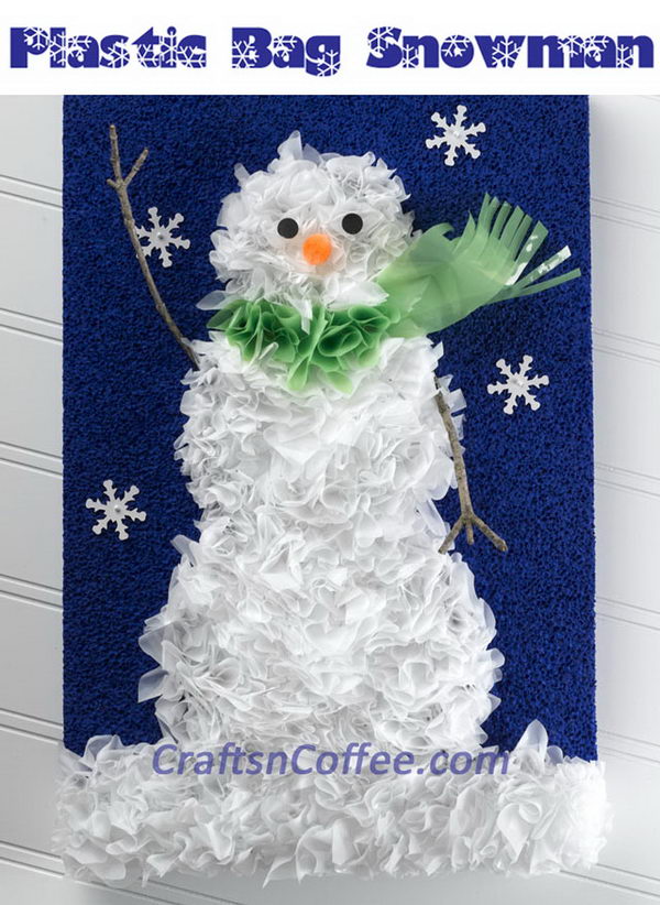 Recycled Plastic Shopping Bags Snowman Wall Art. 