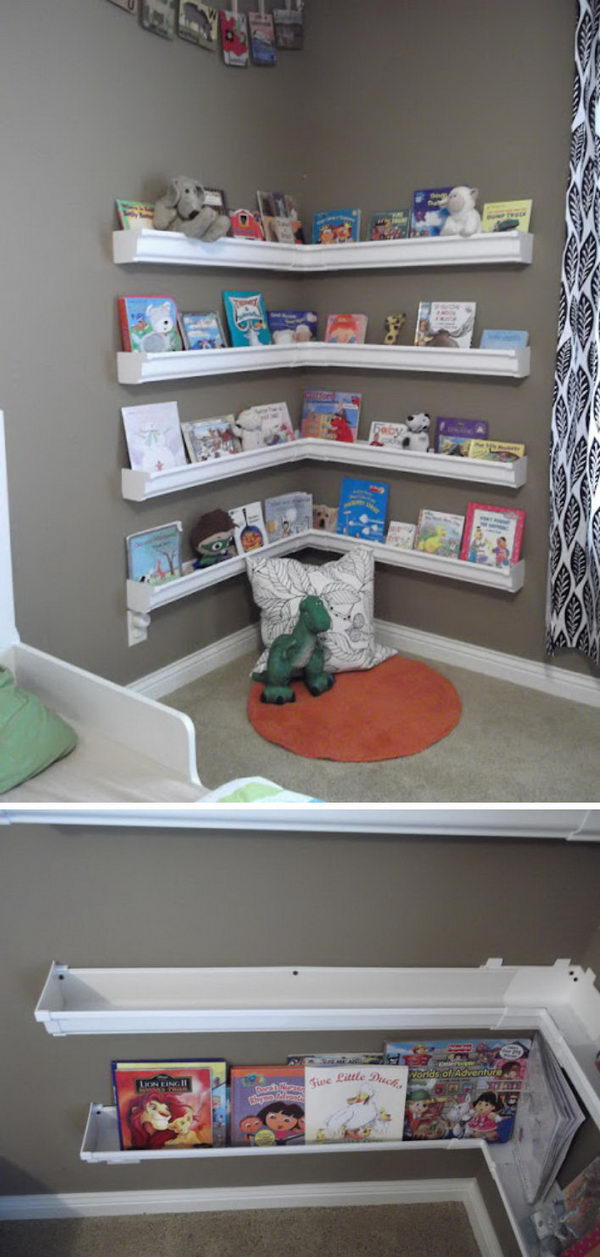 DIY Reading Nook Using Rain Gutter Shelves. 