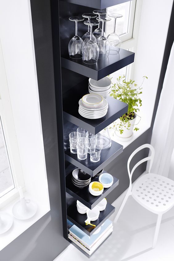 Fit a Lot of Dinnerware And Drinkware Storage Into a Tiny Bit of Space with LACK Wall Shelf Unit. 