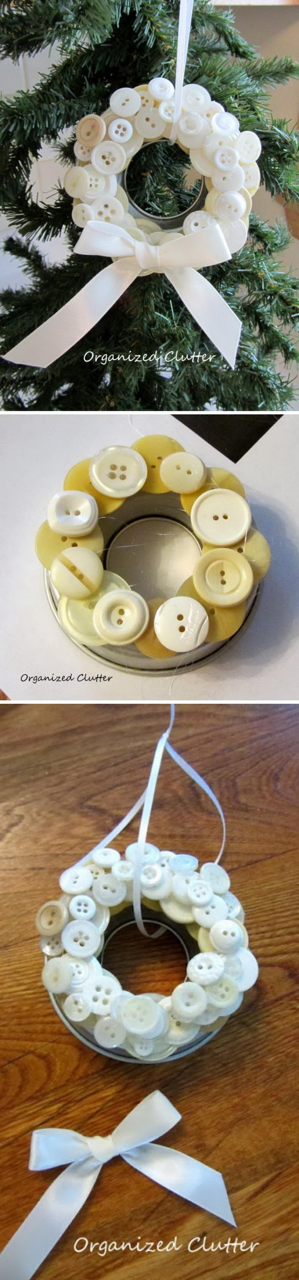 White Buttons Decorated Mason Jar Lid Ornament. 