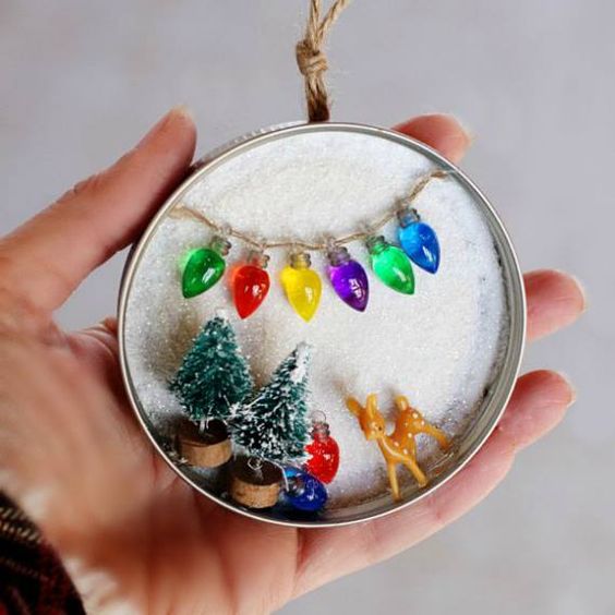 Snowy Scene Mason Jar Lid Ornament. 