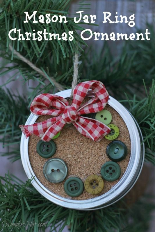 Mason Jar Ring Wreath Ornament With Small Buttons And Wired Ribbon. 