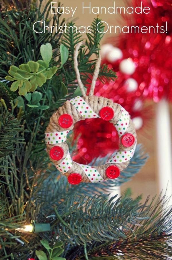 DIY Red Buttons And Twine Wrapped Jar Lid Ornament. 