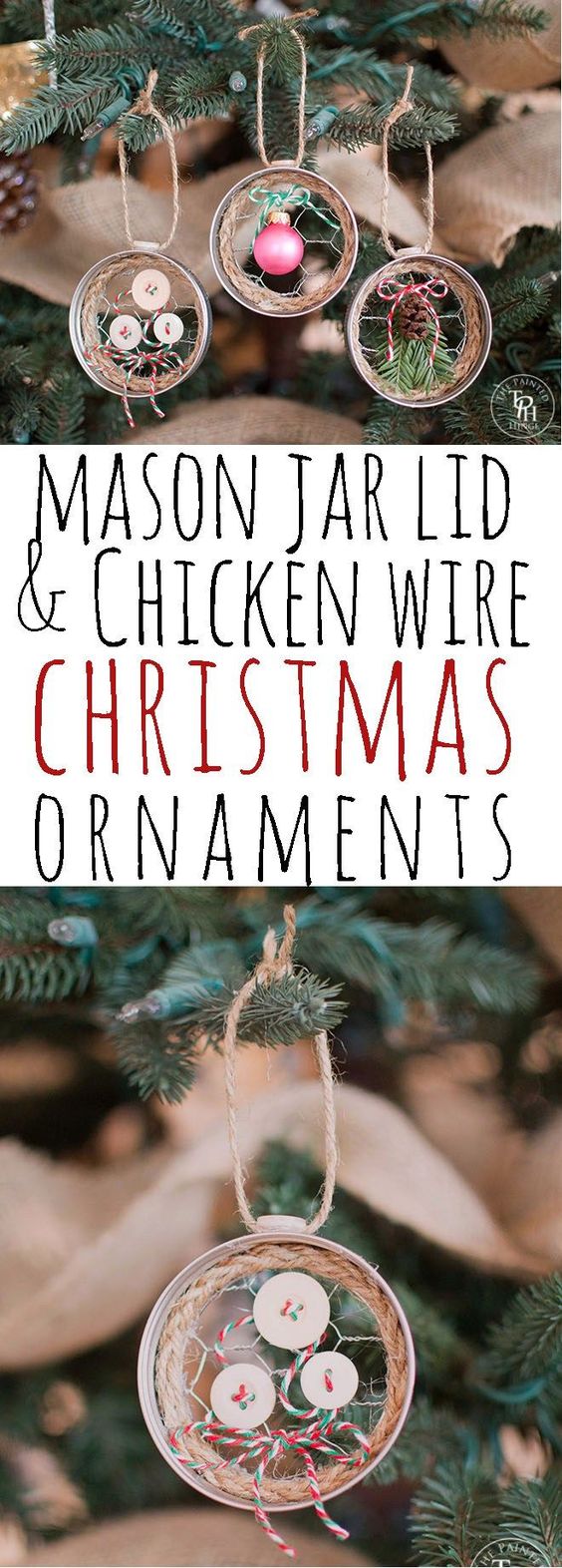 Mason Jar Lid & Chicken Wire Christmas Ornaments. 