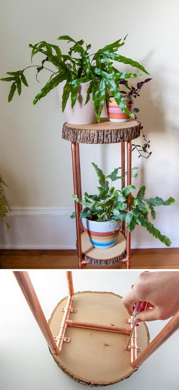 DIY Copper Pipe And Wood Slice Plant Stand. 