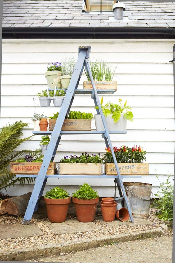 DIY Space-Saving Planter Stand From A Wooden Ladder. 