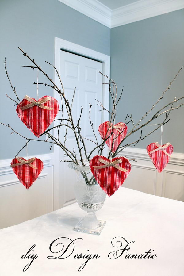Branches Decorated with Plaid Heart Ornaments. 